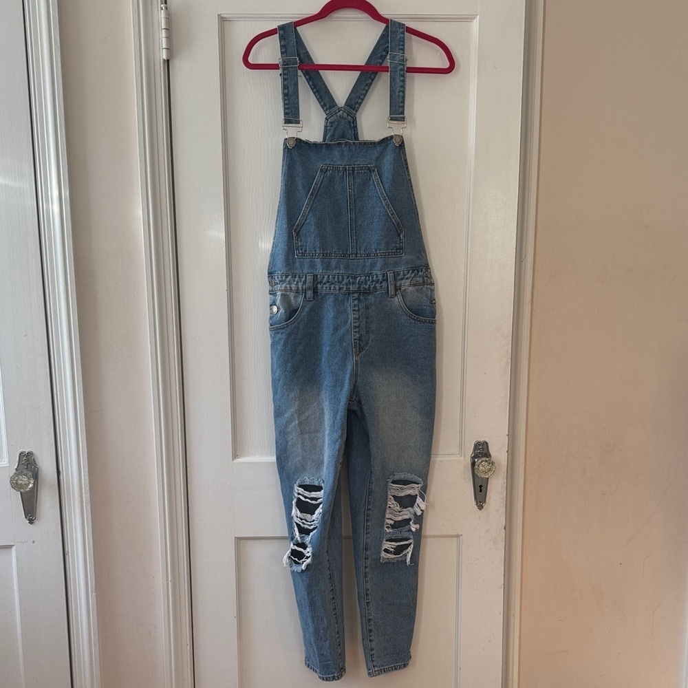 Twin Sisters Women Blue Denim Distressed Overalls Size L casual, comfy, errands